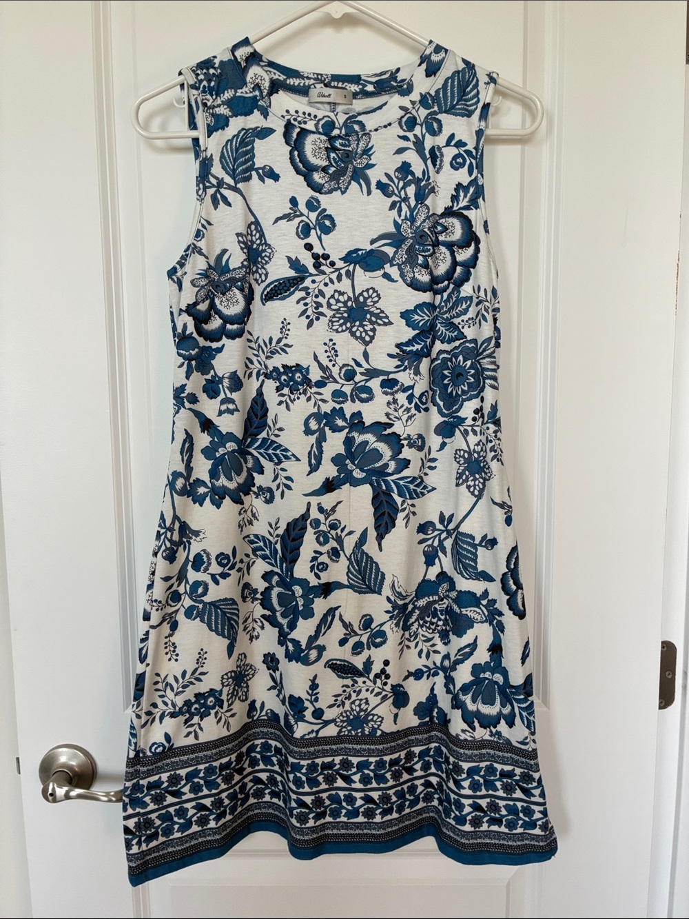 White and Blue Floral Sleeveless A-Line Dress